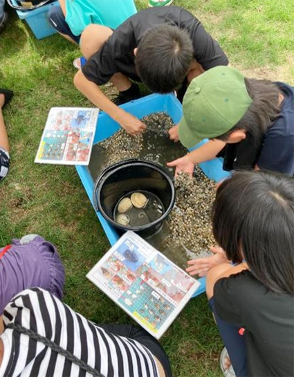 稚貝回収袋の中を探り、海を見つめる子どもたち