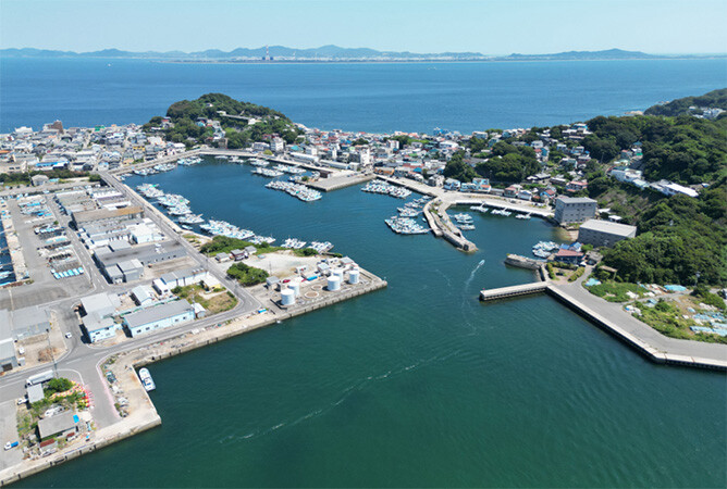 Aerial view of a coastal harbor with marina facilities, industrial buildings, residential areas, and surrounding hills along the shoreline.